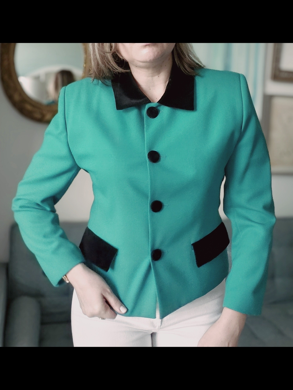 Vintage Braemar Wool Teal Blazer with Black Trim Made In Canada